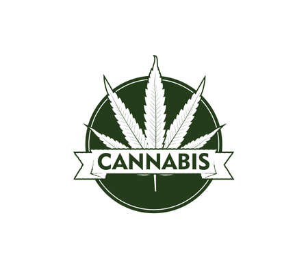 cannabis hemp leaf vector logo emblem template in circle with ribbon bannerのイラスト素材
