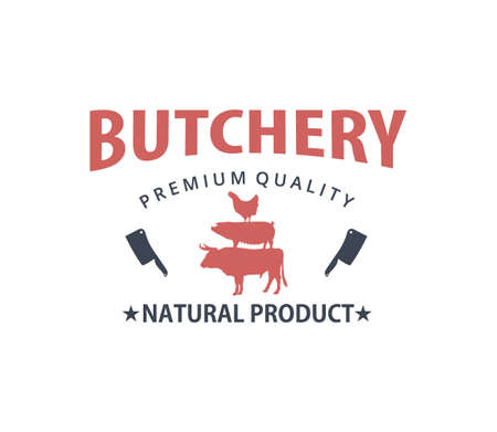 butcher meat shop product logo template with crossed cleaver, cow, pig, hen silhouetteのイラスト素材
