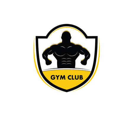 muscle man body silhouette inside an emblem for gymnastic body building vector logo design templateのイラスト素材