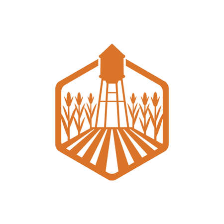agriculture corn field farm industry vector logo design template with water tower in the middle of the fieldのイラスト素材