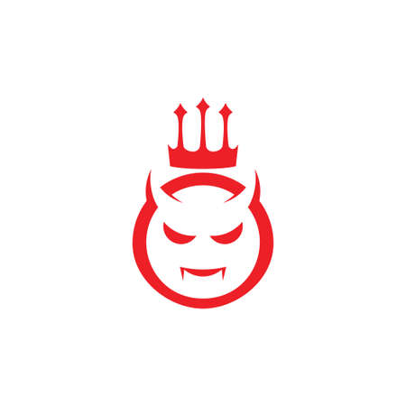 red angry devil head mascot with bat wing and trident fork vector logo design template templateのイラスト素材