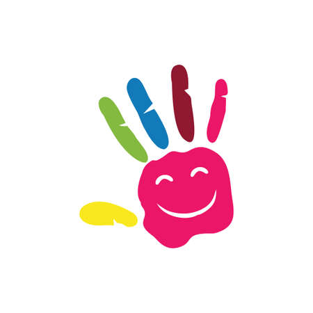 colorful hand palm print with happy face vector logo design templateのイラスト素材