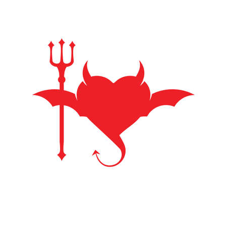red devil love heart shape with bat wing and horn and trident fork vector logo design templateのイラスト素材