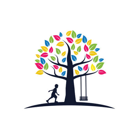 colorful hand palm print with happy face vector logo design template with swing and playing kidのイラスト素材