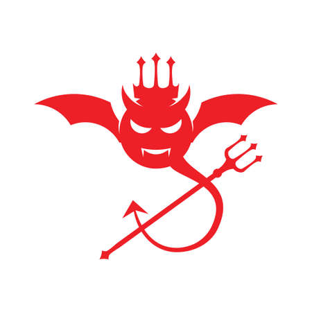 red angry devil head with bat wing and trident fork vector logo design templateのイラスト素材