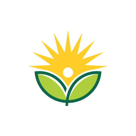 blooming leaf with sunrise in the middle for green agriculture botany and biology science research vector logo design templateのイラスト素材