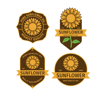 sunflower oil product label vector logo design template set concept in yellow and brown colorのイラスト素材