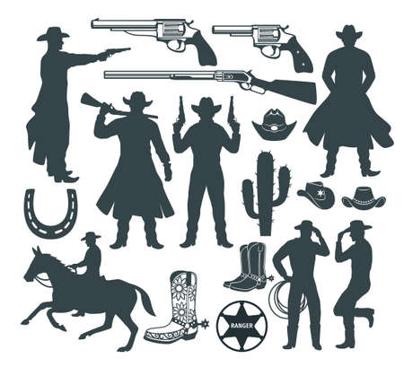 western cowboy silhouette illustration vector graphic design set templateのイラスト素材