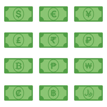 assorted world money currency in paper bill symbol vector design set templateのイラスト素材