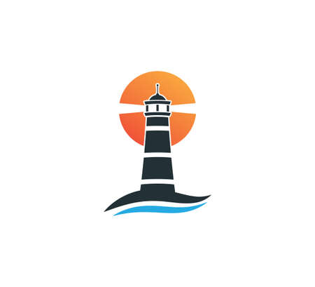 lighthouse in front of sunset vector logo design templateのイラスト素材