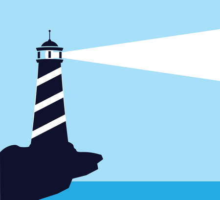 lighthouse in the edge of beach shine its light far way to the sea for poster and vector design illustration templateのイラスト素材