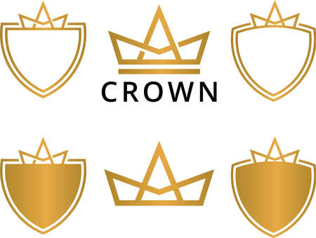 simple flat golden crown, symbol of luxury high quality, icon and logo for jewelry maker, luxurious watch, vector graphic design template setのイラスト素材
