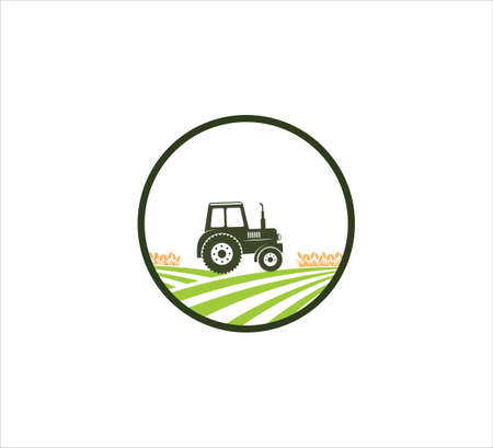 a tractor in the middle of hill farm land vector icon logo design template for agriculture wheat businessのイラスト素材