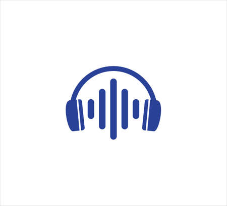 headset music with simple sound wave virtualization in the middle vector icon logo design template for podcast, channel, application and digital sound streaming provider industryのイラスト素材