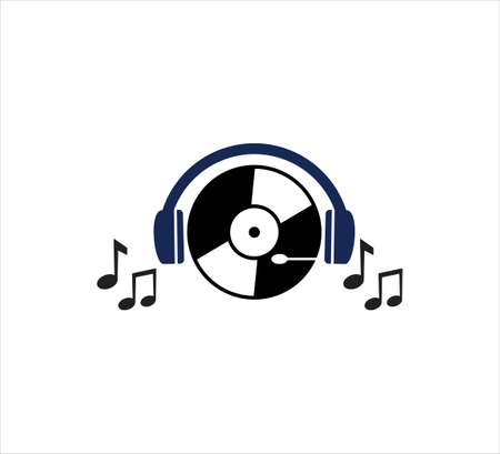 music disc wearing a headset vector icon logo design template for podcast, channel, application and digital sound streaming provider industryのイラスト素材