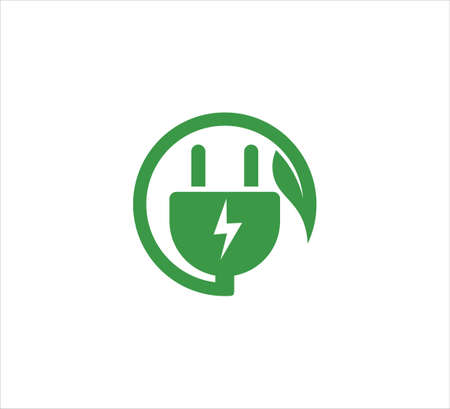 green electric plugin inside circle with leaf vector icon logo design template for high efficiency electric friendly natural power sourceのイラスト素材