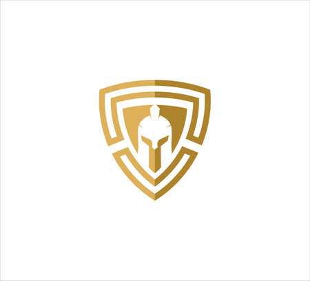 golden triangle shield with spartan helmet vector icon logo design template for security application, software protection and privacy guardのイラスト素材