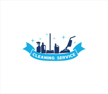 picture of vacuum cleaner, mop, and sprayer bottle with ribbon banner vector design template for housekeeping and cleaning serviceのイラスト素材