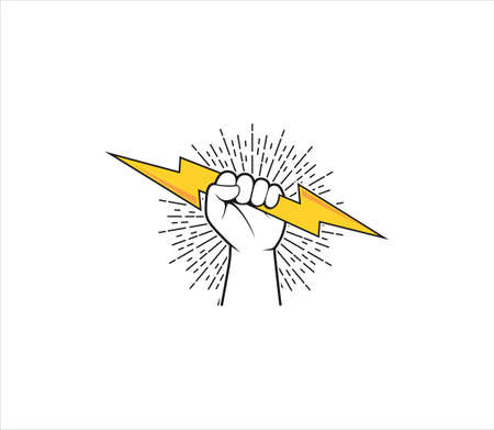 rising hand fist holding flash thunder the symbol of power determination and strong freedom vector logo design templateのイラスト素材
