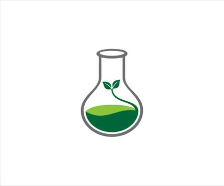 chemical glass with plant sprout from green liquid for agriculture laboratory vector logo design templateのイラスト素材