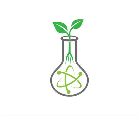 chemical glass with atom electron trajectory inside and plant sprout for agriculture biotechnology laboratory vector logo design templateのイラスト素材
