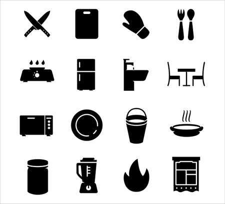 Simple Set of kitchen and cooking equipment Related Vector icon graphic design. Contains such Icons as knife, chopping board, gloves, refrigerator, blender, oven, pan, cooker, fork and spoonのイラスト素材
