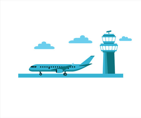 simple flat vector design of airplane parking in the airport beside watching tower illustrationのイラスト素材
