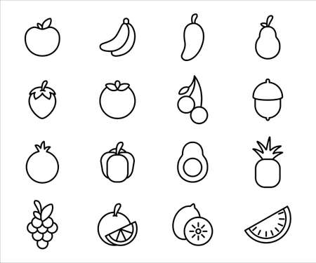 Simple Set of fruit Related Vector icon graphic design template. Contains such Icons as apple, orange, mango, avocado, strawberry, cherry, paprika, pineapple, grape, watermelon, kiwi, banana, lemonのイラスト素材
