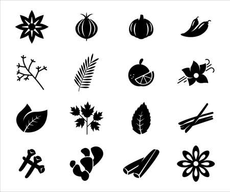 Simple Set of spice and herbs Related Vector icon graphic design. Contains such Icons as onion, garlic, pepper, chilli, star anise, mint, clove, cinnamon, cardamom, celery, basil, sage and rosemaryのイラスト素材
