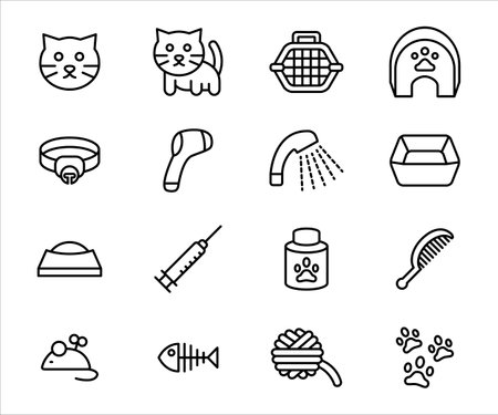 Simple Set of cat veterinary Related Vector icon user interface graphic design. Contains such Icons as cat face, cat avatar, cage, house, collar, shower, thermometer, food box, syringe, vitamin, yarnのイラスト素材