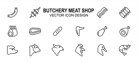 Simple Set of butchery meat shop Related Vector icon user interface graphic design. Contains such Icons as sausage, satay, bacon, ribs, beef, drumstick, chicken, lamb, duck, shrimp and moreのイラスト素材