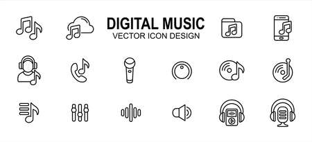 digital streaming music and podcast related vector icon user interface graphic design. Contains such icons as music player, cloud storage, folder, phone, listening, headset, microphone, equalizerのイラスト素材
