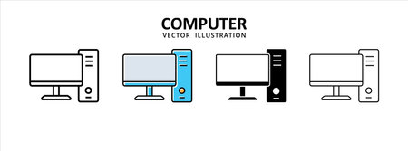 personal computer desktop and monitor icon vector illustration simple flat line graphic designのイラスト素材