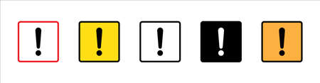 Square exclamation mark icon vector set. Red, black, yellow and white colors variations. Caution attention warning symbol set.のイラスト素材