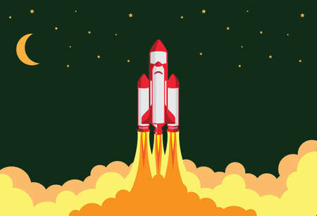 Rocket spaceship flying straight up to the space vector illustration. In the night sky go through the clouds.のイラスト素材