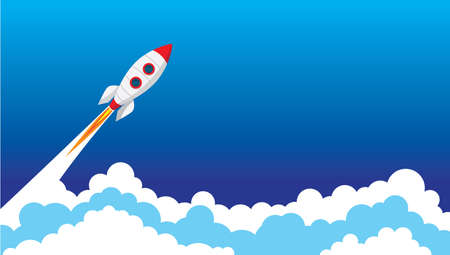 Rocket spaceship flying up to the space vector illustration. In the blue sky go through the clouds.のイラスト素材