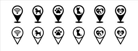 Pet store map pin icon set. Vet or veterinary location pin map marker icons set.Contains icon such as wifi, dog, cat, paw print.のイラスト素材
