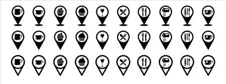 Restaurant map pin icon set. Cafe and bakery location pin map marker icons set. Wine and food restaurant place mark.のイラスト素材