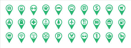 Travel and destination pin icon set. Map pin marker in the city facility icons set. Contain location of farm, seafood market and restaurant, museum, park, soccer, gas station and moreのイラスト素材