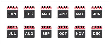 Monthly calendar icon set. Complete months name calendar icons vector illustration. Simple flat design. Annual business plan schedule button set.のイラスト素材