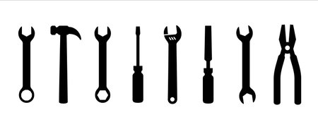 Wrench, hammer, screwdriver, plier, spanner, metal file and vector illustration. Showed in landscape...
