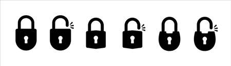 Lock icon set. Locked and unlocked vector icon set. Locked and unlocked padlock symbol of device security. Privacy symbol vector stock illustration. Round and square shape padlock.のイラスト素材