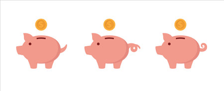 Piggy bank icon set. Cute pig shaped money box with its falling gold coin. Symbol of money saving or deposit. Curly tailed baby pig moneybox vector icons illustration. Pink color.のイラスト素材