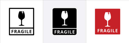 Fragile symbol icon set. Fragile sign for sticker and cardboard box packaging label.のイラスト素材
