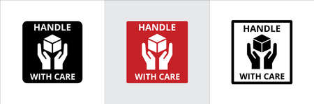 Handle with care symbol icon set. Handle with care sign for sticker and cardboard box packaging label.のイラスト素材