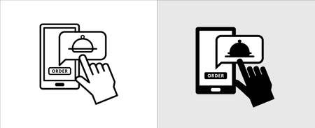 Food order delivery on the phone application vector icon. Hand pointer click on the phone. Vector stock illustrationのイラスト素材