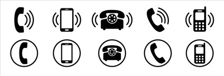 Phone icon vector collection. Phone ringing symbol set. Ringing telephone icons. Contains icon such as old model telephone, modern smartphone, keypad phone.のイラスト素材