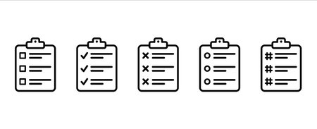 Clipboard vector icon set. Task check list board with check mark, circle, hash tag and cross icons set. Document or paper clamp board symbol design.のイラスト素材