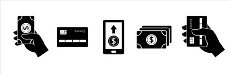 Business icon set. Money, finance and for of payment vector icons set. Contains symbol of cash, credit card, online payment, hand holding money. vector stock illustrationのイラスト素材