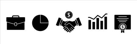Business icon set. Money, saving, wealth and finance vector icons set. Contains symbol of work bag, pie chart, handshake, stocks and stem chart.のイラスト素材